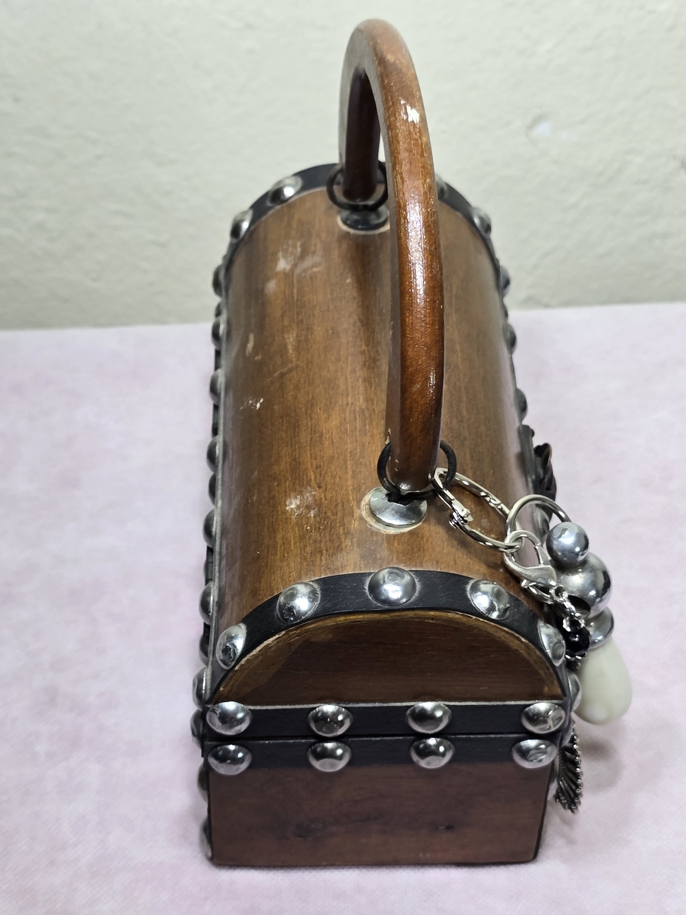 Encore Vintage Wooden Box Handbag Brown Wood Black Leather Metal Studded 1960s - Picture 12 of 16